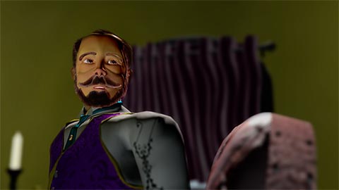 A Russian tsar looks over his shoulder in a 3d CGI rendering